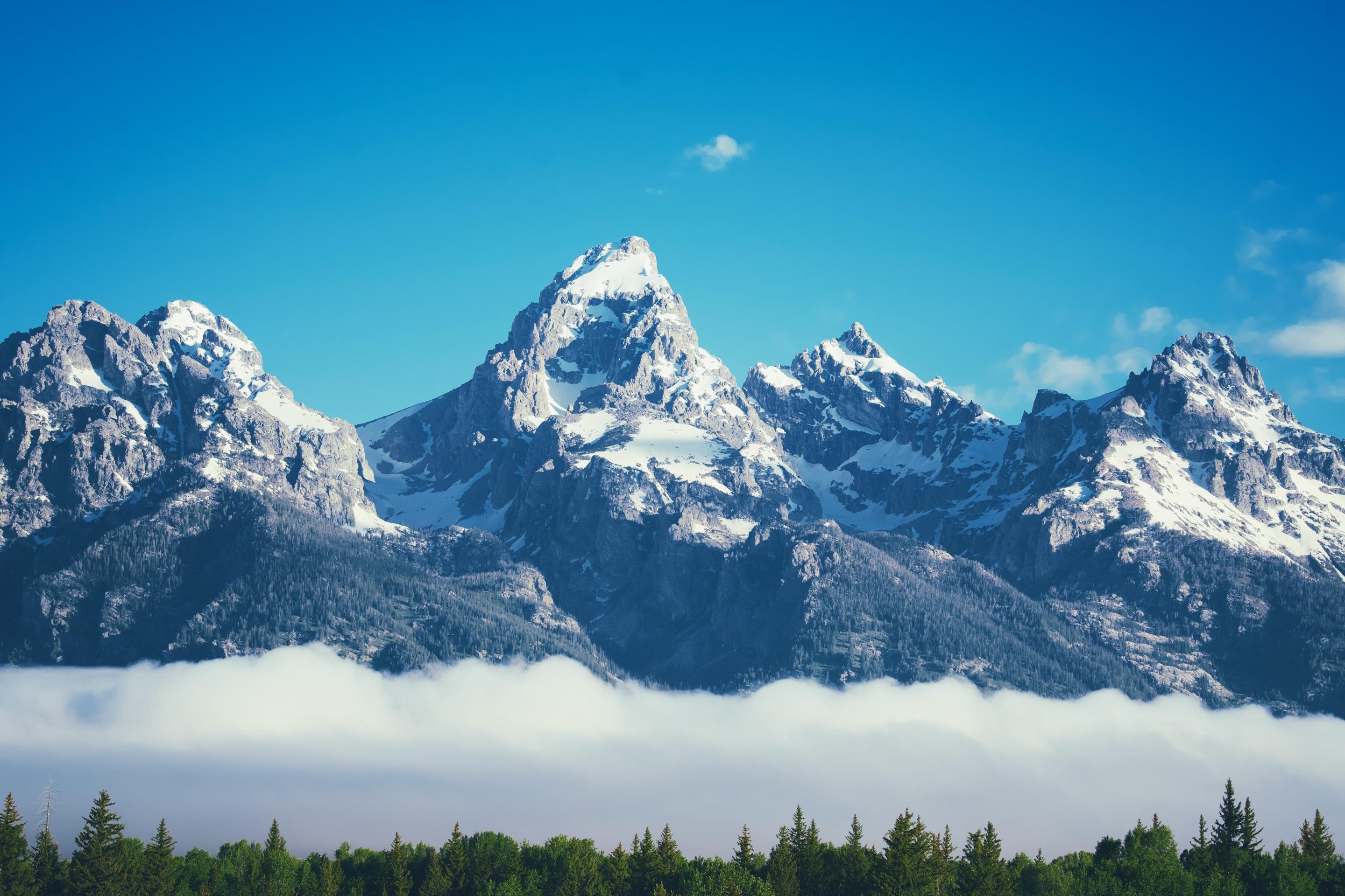 Snow-covered mountain peaks rising above a sea of clouds